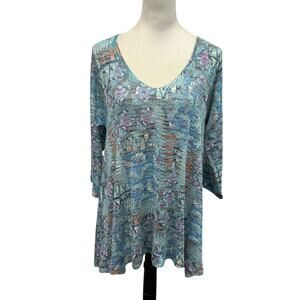 Artsy Boho Knit Top Nally & Millie Abstract Floral V-Neck 3/4 Sleeve M